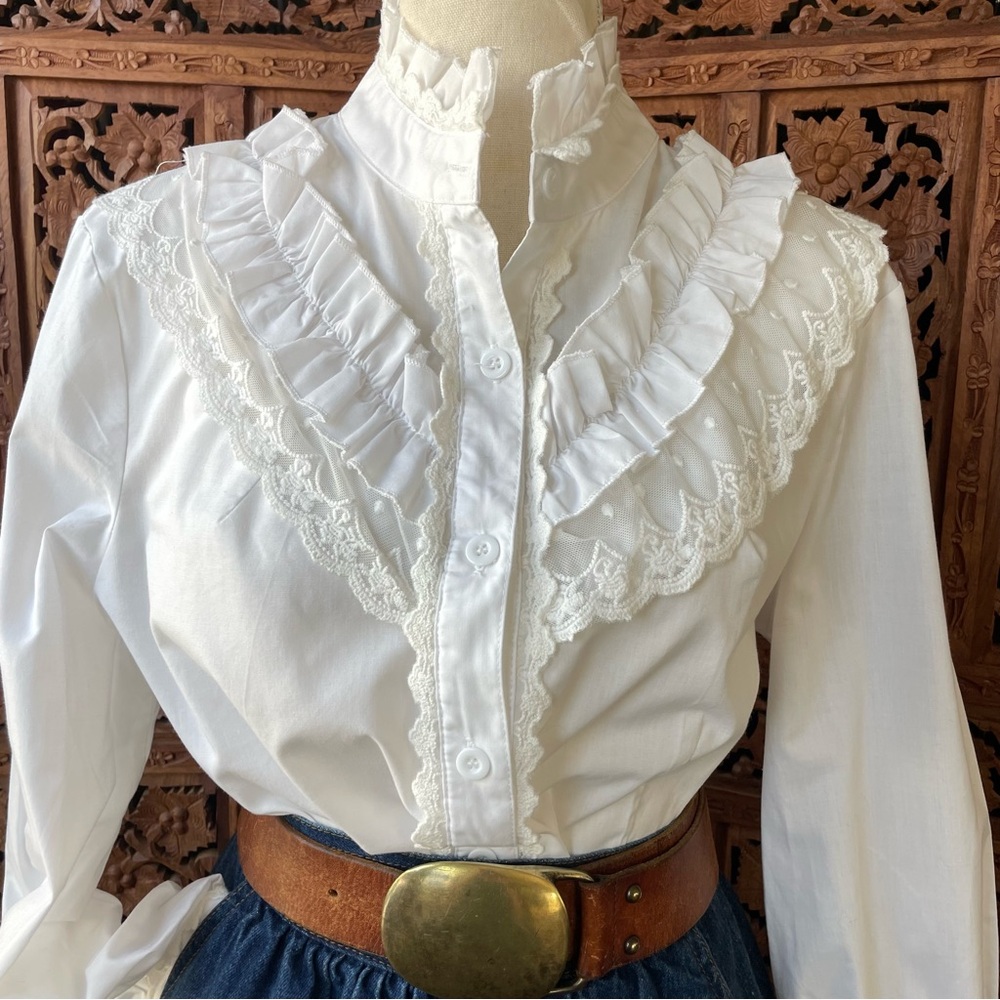 White Ruffled Victorian Edwardian Western lace trim crochet button down Blouse - Picture 2 of 14